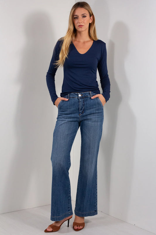 Jeans palazzo elastico denim blu vista frontale gamba ampia wide leg