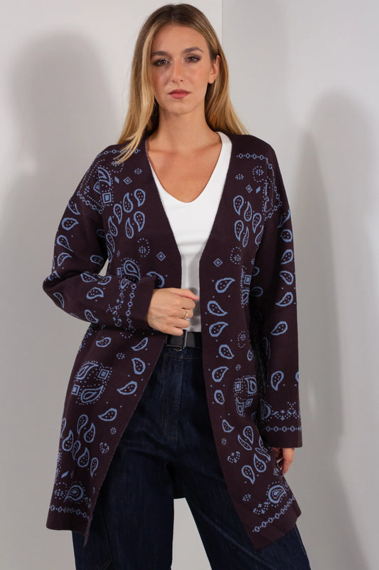 Cardigan Bandana DUDA blu notte azzurro - vista frontale aperto su t-shirt bianca e jeans scuri