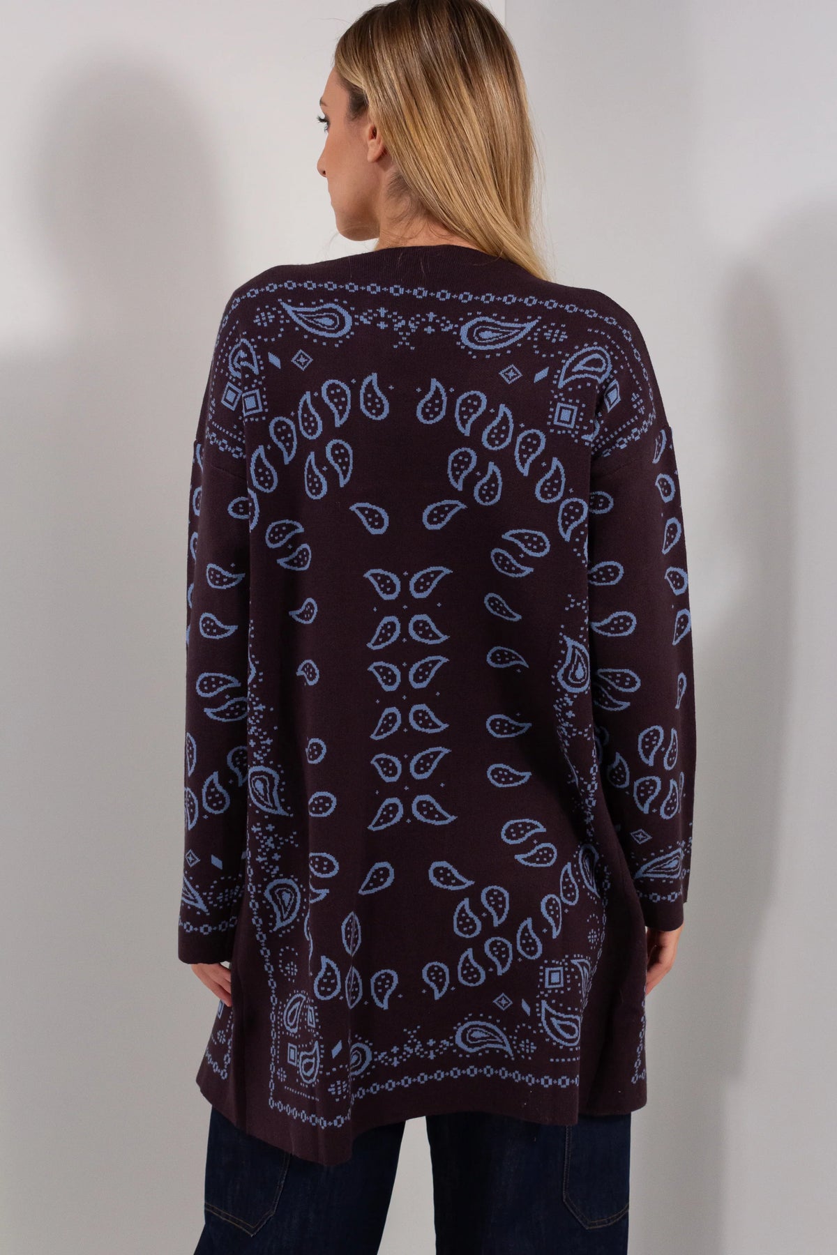Cardigan Bandana DUDA blu notte azzurro - vista posteriore fantasia bandana paisley simmetrica