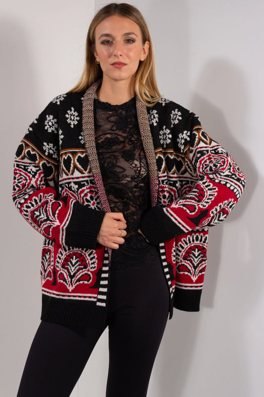 Cardigan Fantasia Rio DUDA nero rosso panna - vista frontale aperto su maglia in pizzo nera
