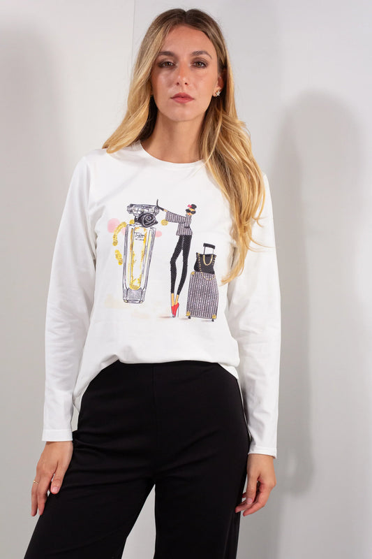 Maglia Stampa Valigia DUDA bianca maniche lunghe - vista frontale con modella