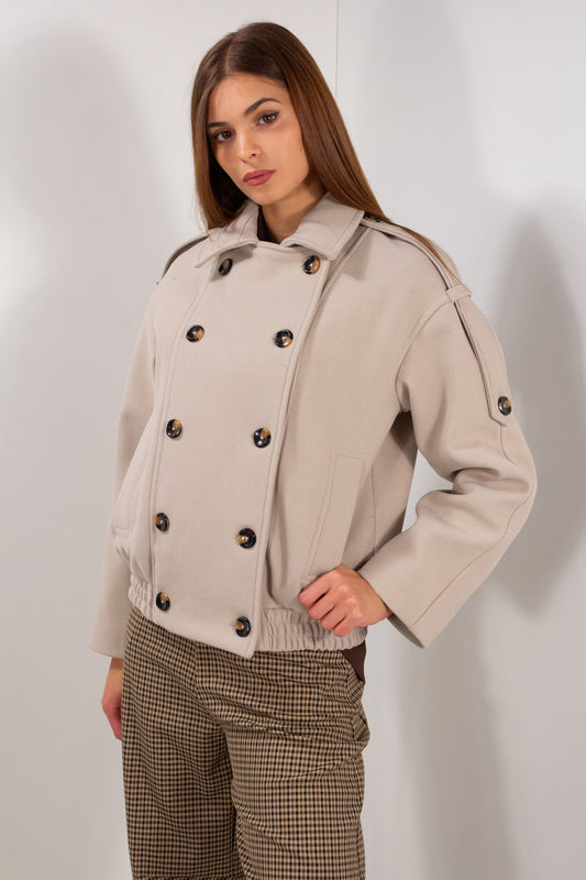 Giacca work doppiopetto Duda beige chiaro con bottoni a contrasto e linguette sulle maniche
