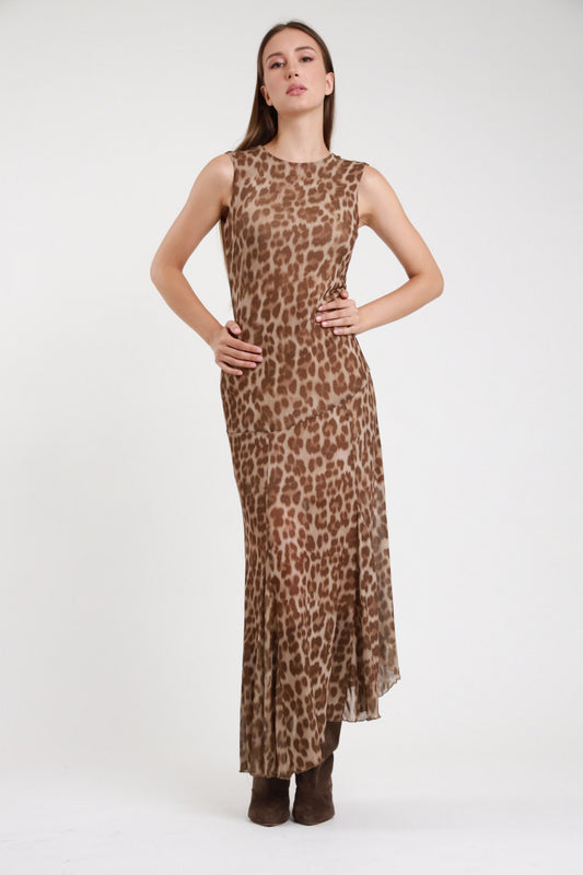 Abito lungo tulle animalier leopardato beige marrone senza maniche - vista frontale