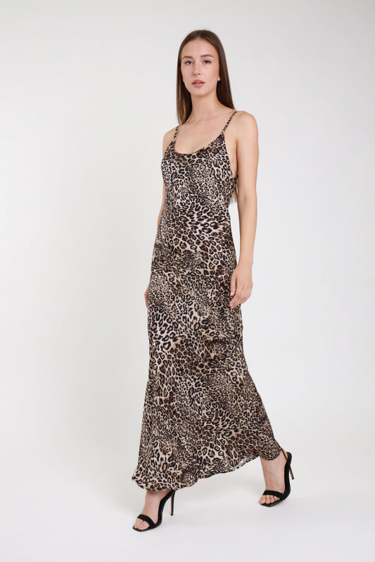 Abito lungo animalier leopardata beige marrone donna spalline sottili Susy Mix Pre-Fall - posa laterale tre quarti