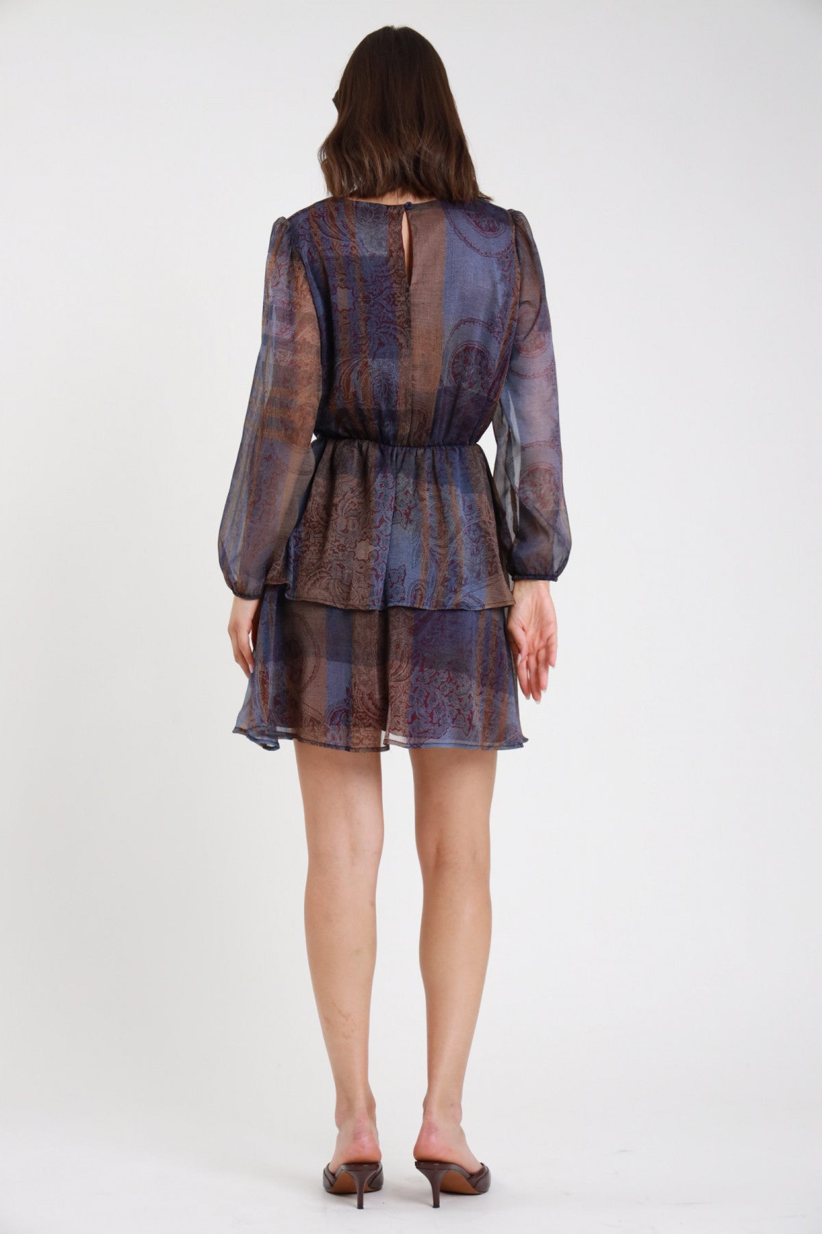 Abito corto chiffon fantasia paisley blu marrone donna Susy Mix Pre-Fall - vista posteriore
