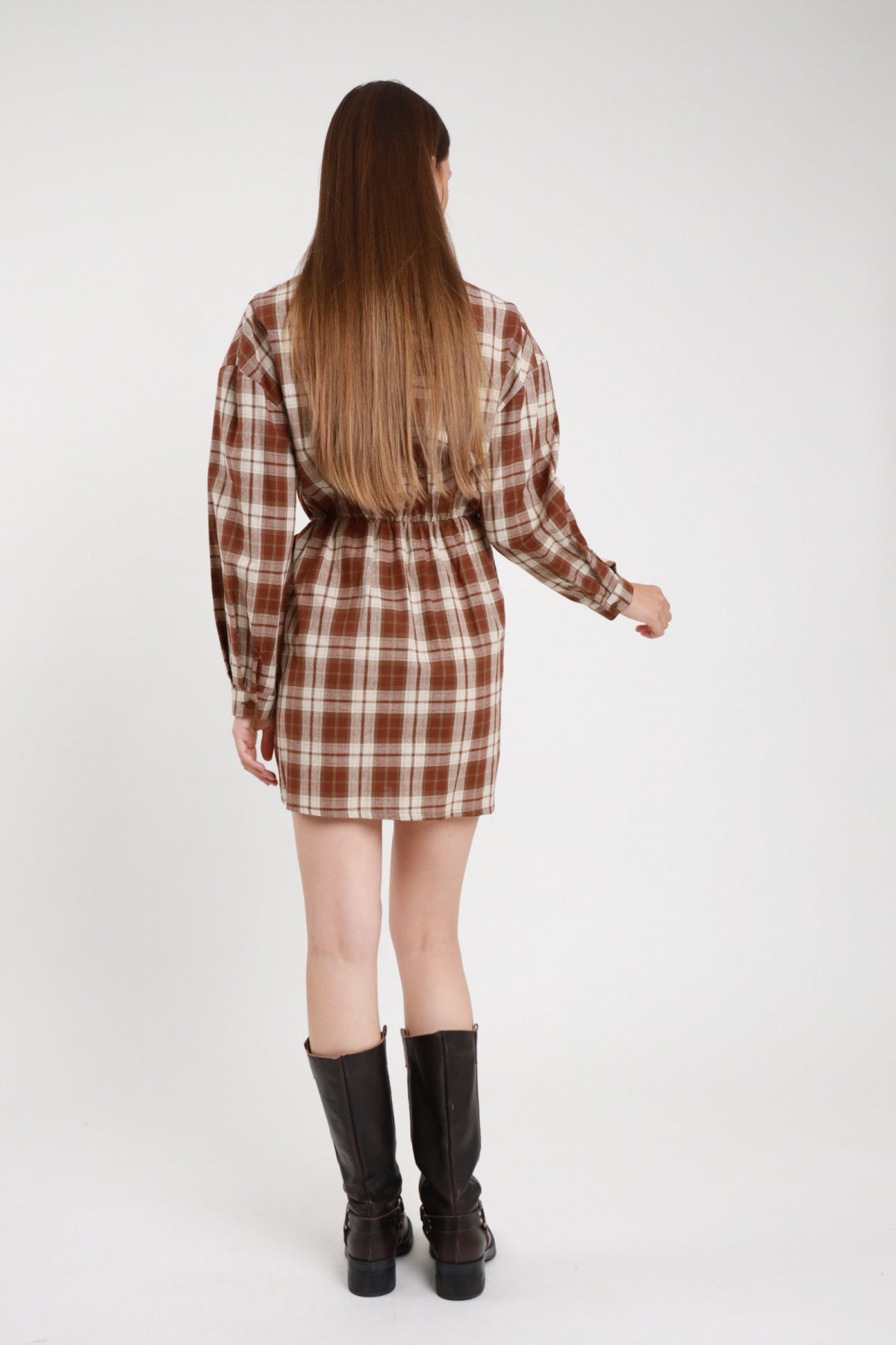 Mini abito camicia check tartan marrone vita elasticizzata - vista posteriore