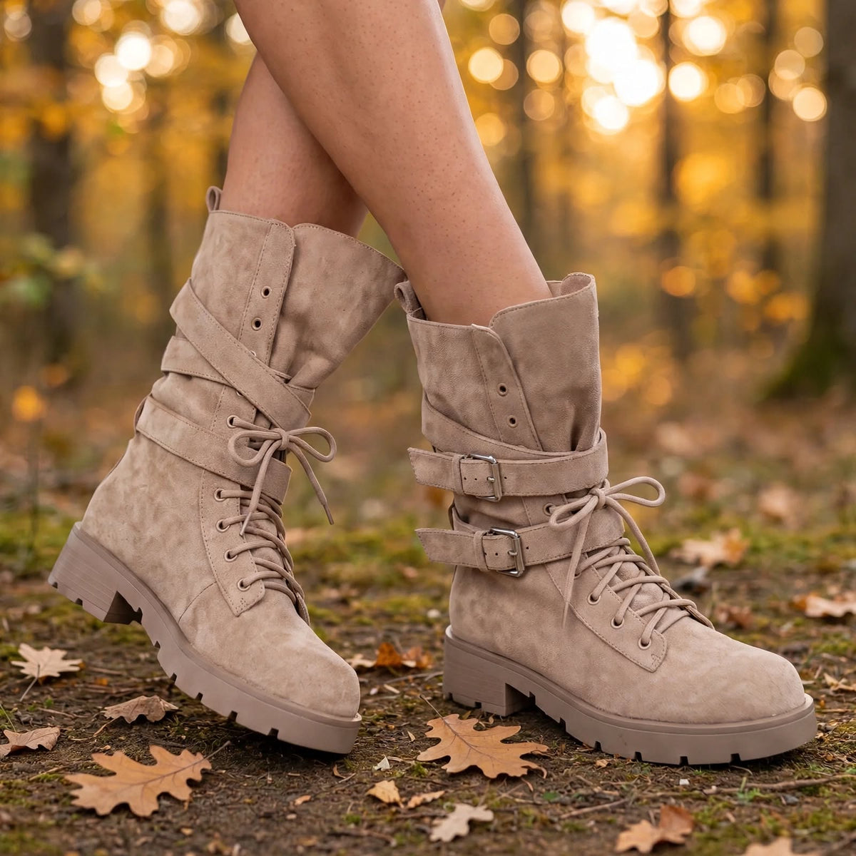 Stivale anfibio Star beige taupe camoscio doppie fibbie, vista laterale su foglie secche nel bosco