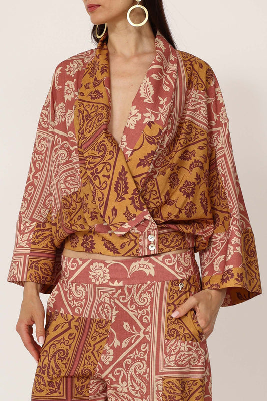 "Bomber a Fantasia Paisley Philia Loft - stampa terracotta ocra borgogna, taglio kimono, maniche a campana"