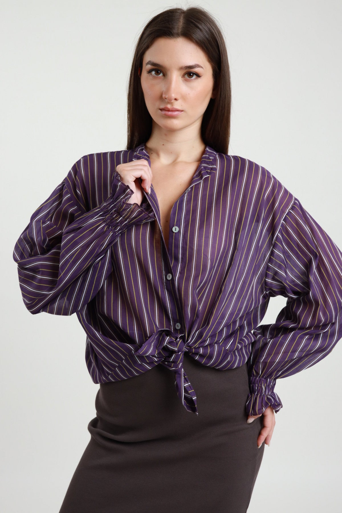 Camicia Righe a Contrasto Susy Mix - vista frontale dettaglio viola righe