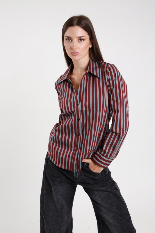 Camicia slim a righe bordeaux grigio lurex donna Susy Mix Pre-Fall - vista frontale
