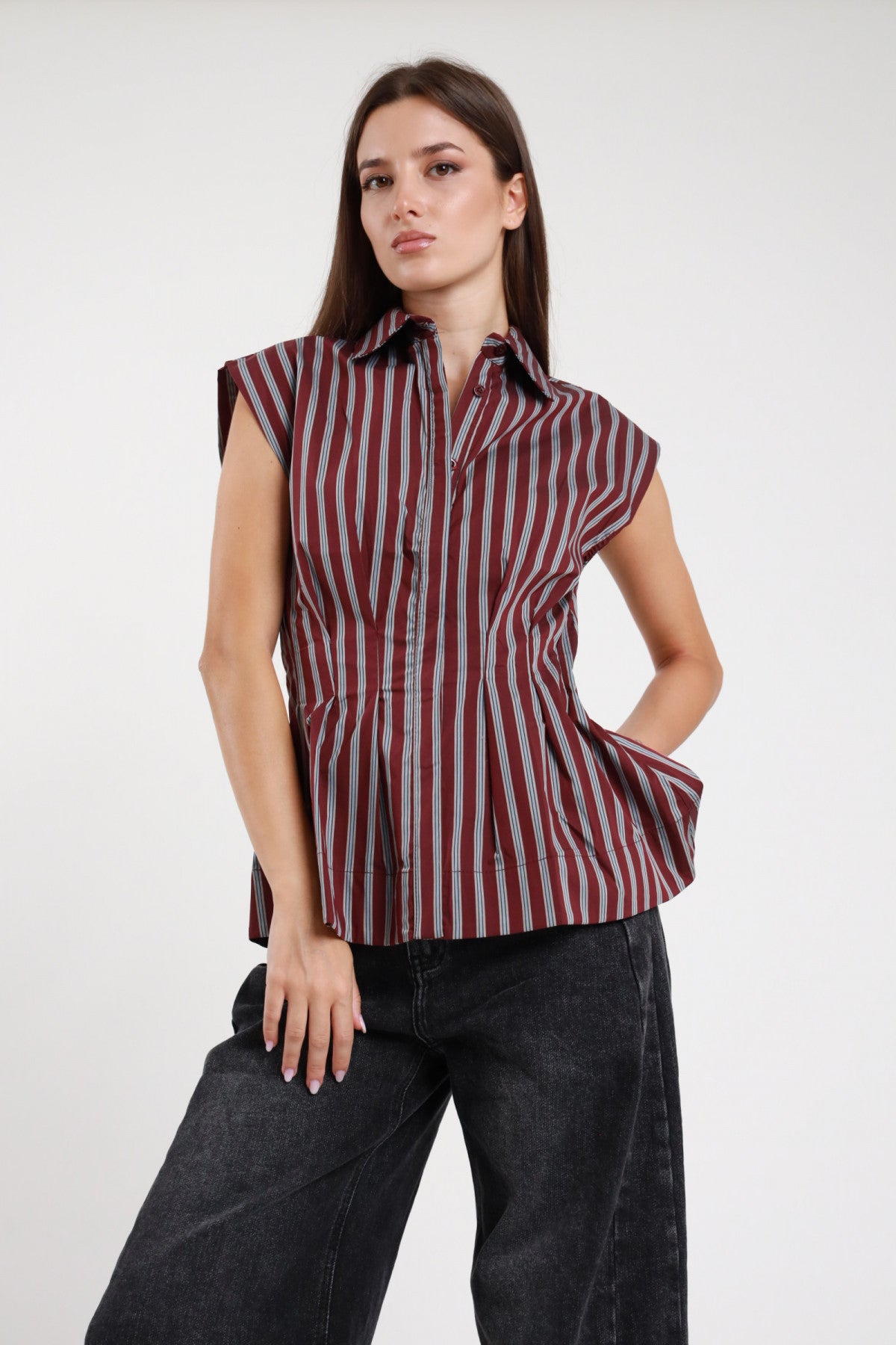 Camicia senza maniche righe bordeaux lurex donna Susy Mix Pre-Fall - vista frontale intera