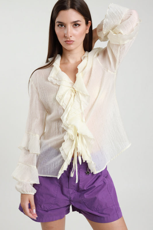 Camicia Rouches donna panna con rouches a cascata e scollo a V, vista frontale