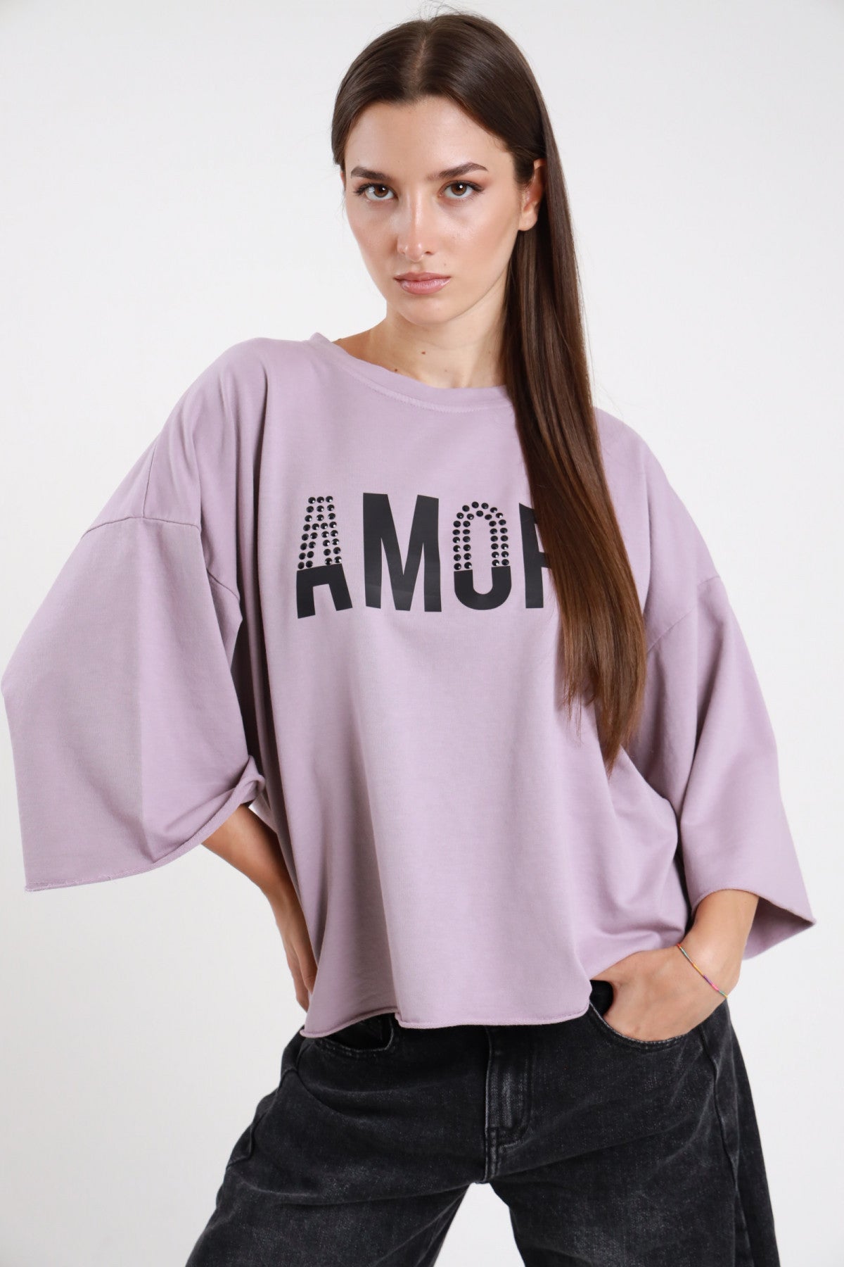 T-shirt Amor oversize lilla scritta strass maniche pipistrello donna Susy Mix Pre-Fall - vista frontale
