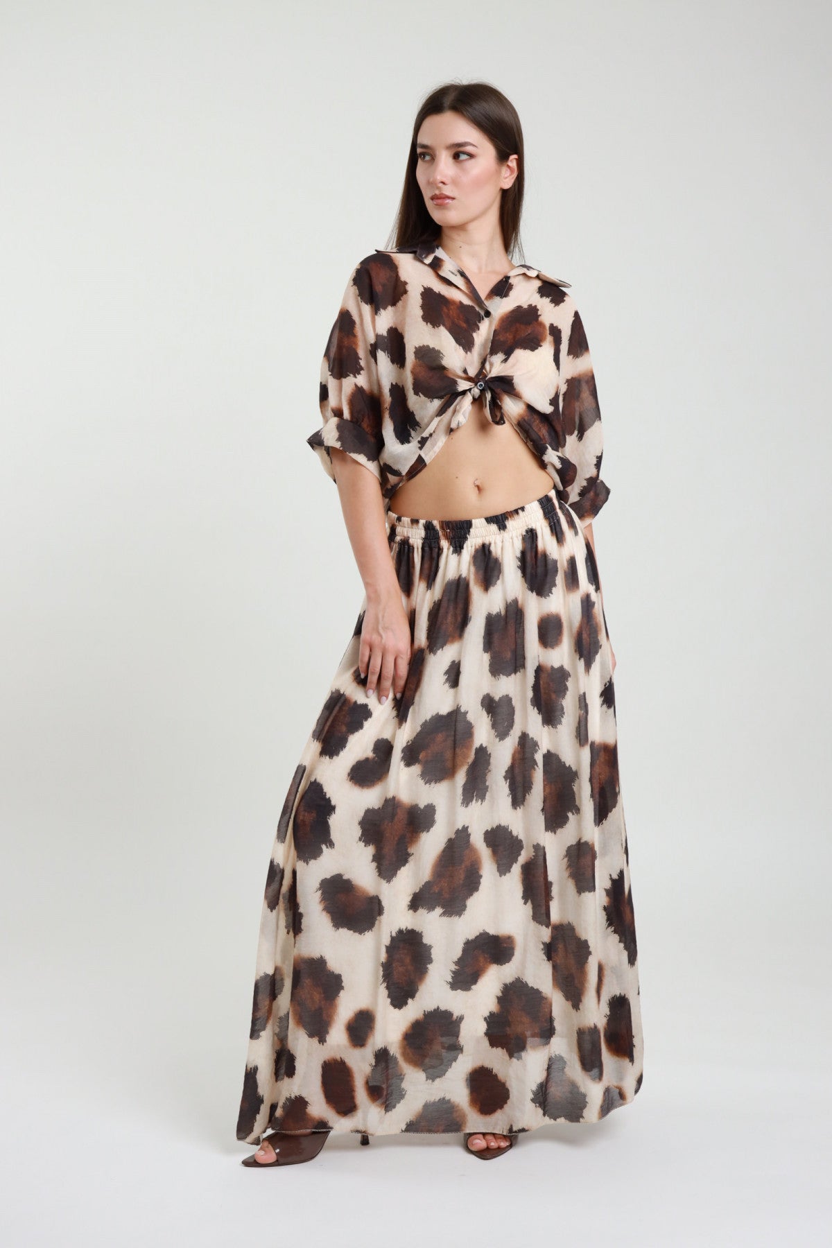 Gonna animalier maxi beige e marrone con vita elastica – vista frontale intera