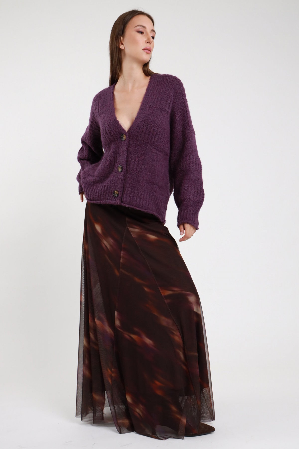 Gonna lunga tulle stampa astratta marrone bordeaux donna Susy Mix Pre-Fall - vista laterale