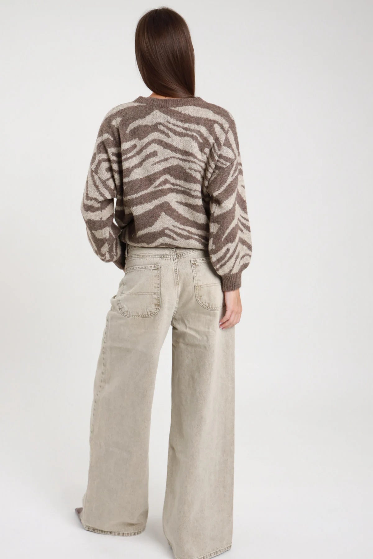Jeans Chiara baggy marmorizzato beige sabbia acid wash donna vita alta wide leg - vista posteriore con maglione zebrato marrone