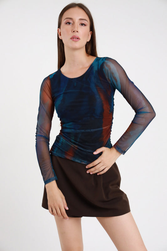 Maglia tulle fantasia sfumata petrolio bordeaux Susy Mix – vista frontale in piedi