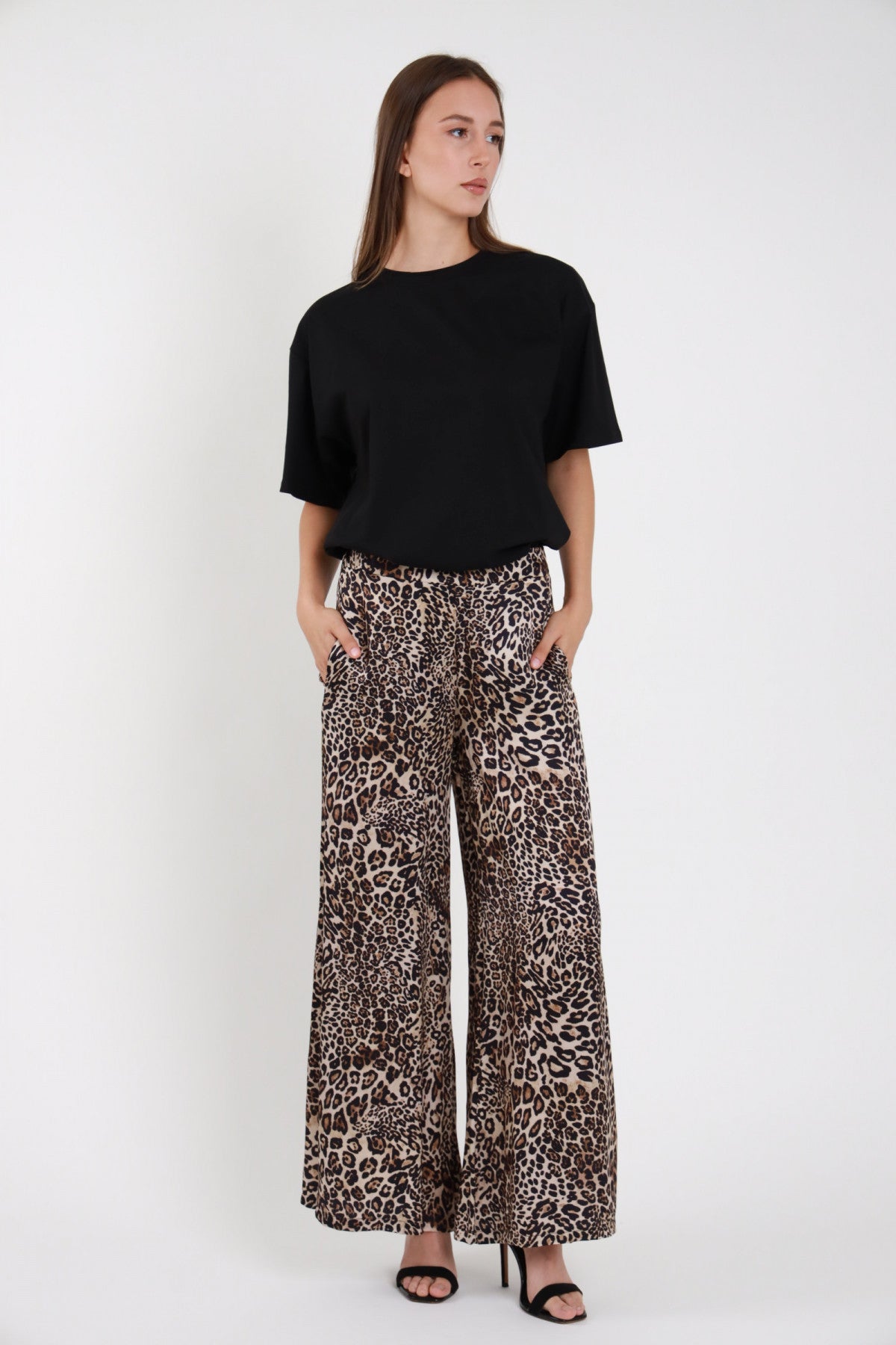 Pantalone animalier leopardata gamba larga donna vita alta Susy Mix Pre-Fall - vista frontale intera