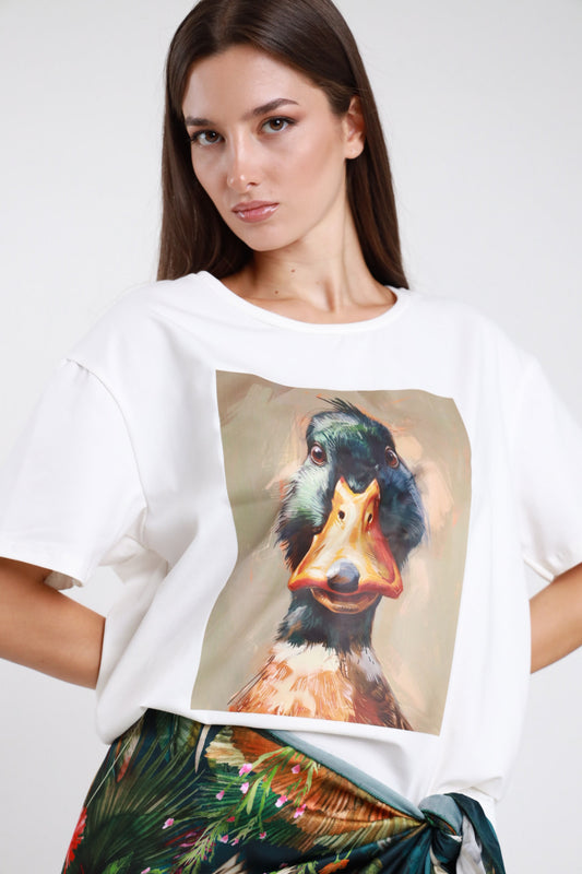T-shirt bianca stampa germano reale donna Susy Mix – oversize vista frontale dettaglio stampa pittura ad olio