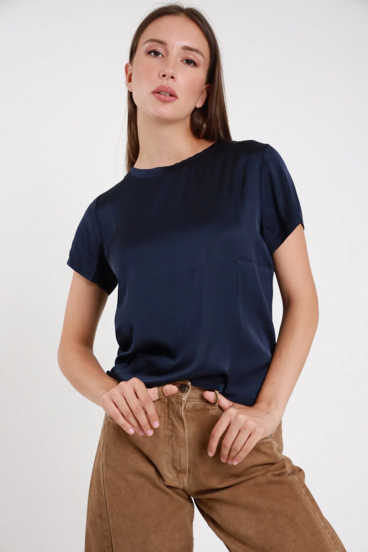 T-shirt stretch satinata blu navy - vista frontale