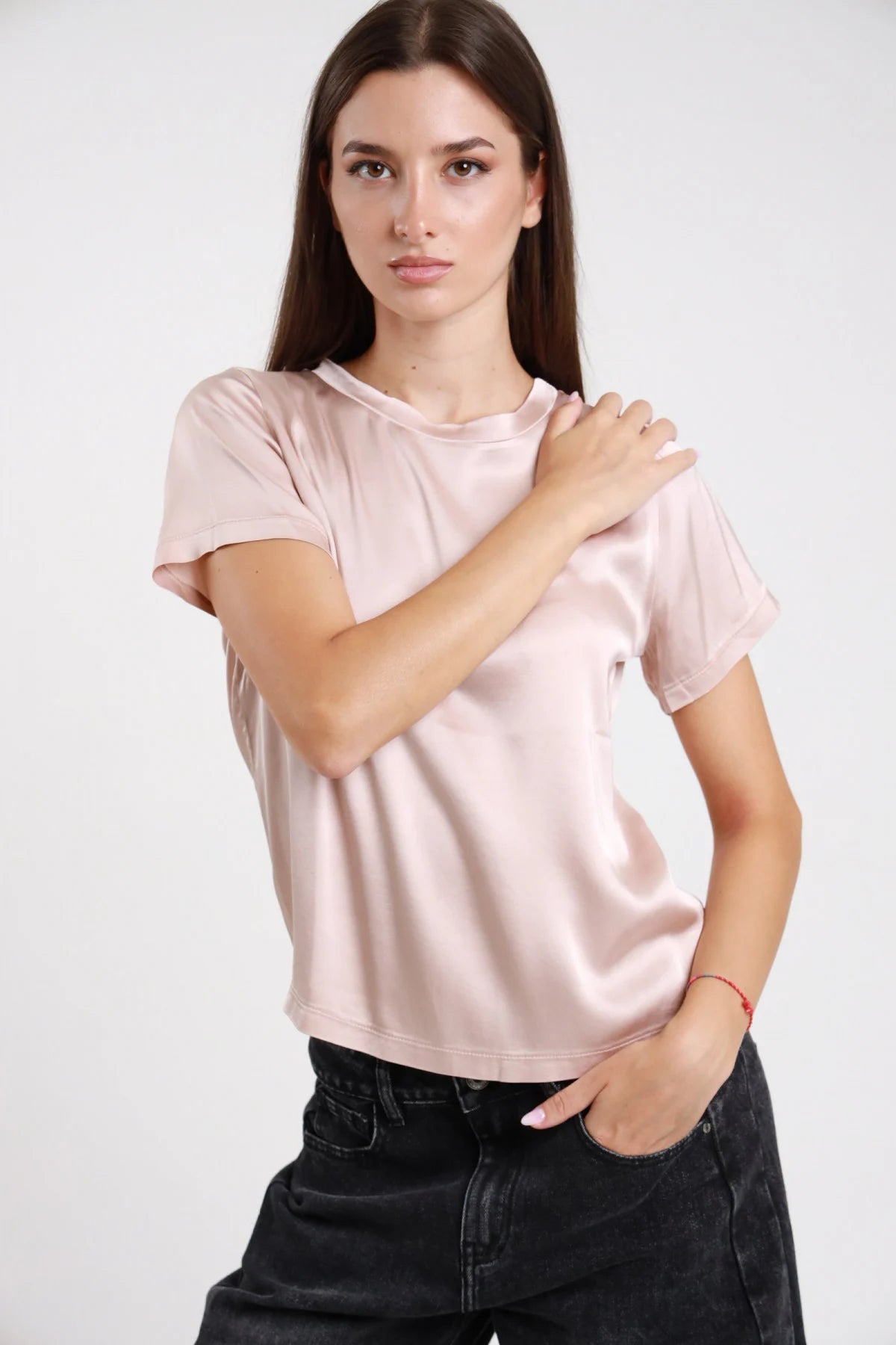 T-shirt stretch satinata tortora - vista frontale
